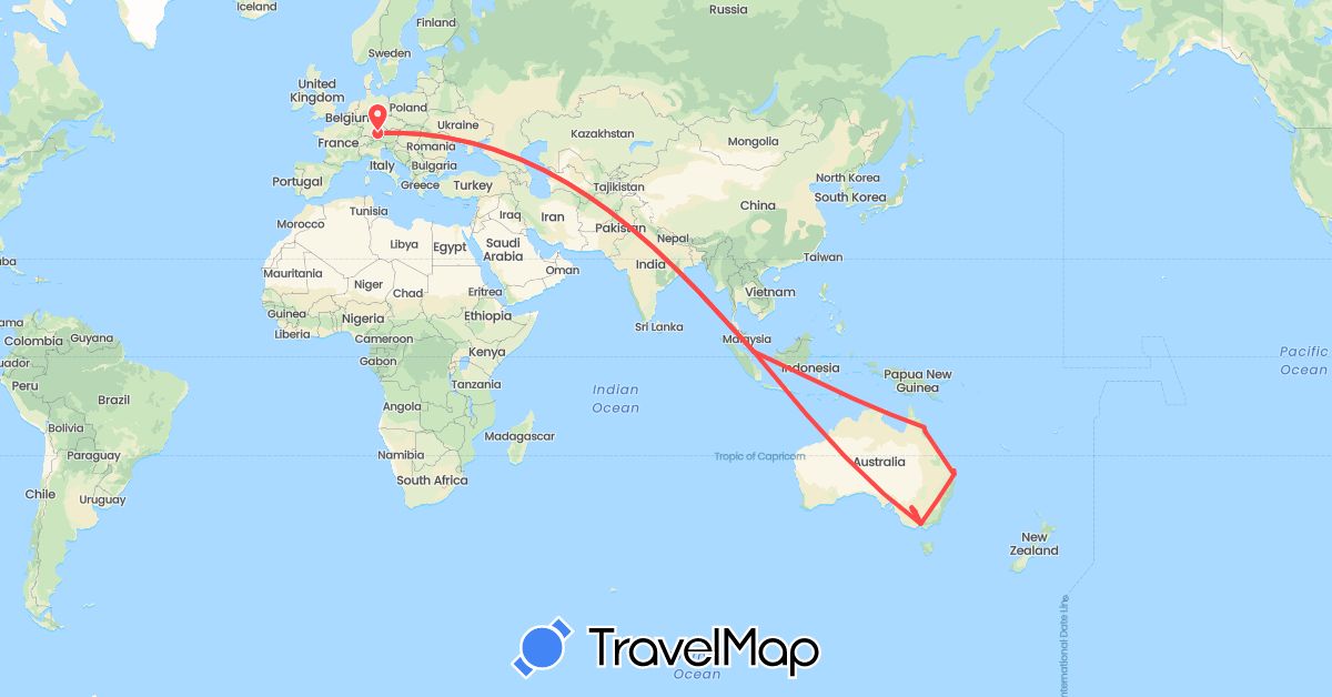 TravelMap itinerary: driving, hiking in Australia, Germany, Singapore (Asia, Europe, Oceania)